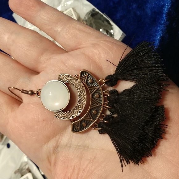 Moonstone Black Tassel 3.5" Fishhook Earring Boho Aztec Bold Lightweight - Picture 6 of 7